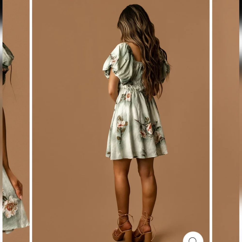 HYFVE Sage Floral Magnolia Puff Sleeve Mini Dress Garden Party Sz Large - Picture 3 of 7